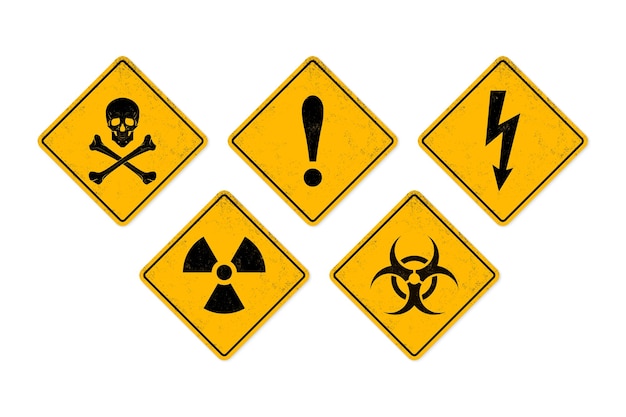 Vector Textured Grunge Yellow Simple Signs Isolated on White Background Biohazard Danger Caution Electricity Radiation Skull Symbol Icon Set Warning Labels Design Template Front View