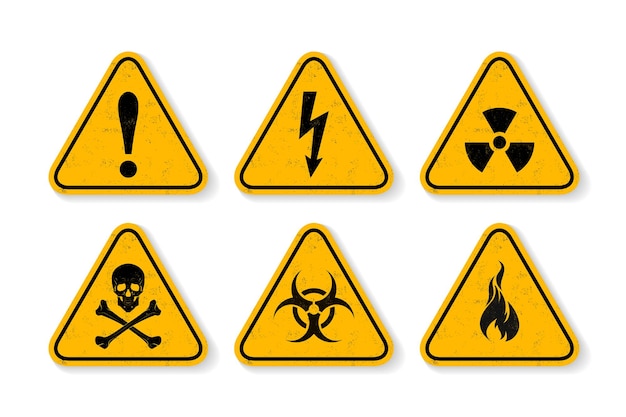 Vector Textured Grunge Yellow Simple Signs Isolated on White Background Biohazard Danger Caution Electricity Radiation Skull Symbol Icon Set Warning Labels Design Template Front View