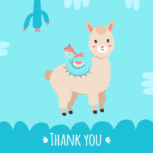 Vector thank you card Poster with cute alpaca and bird on my back Llama blue backgrounds with cactus