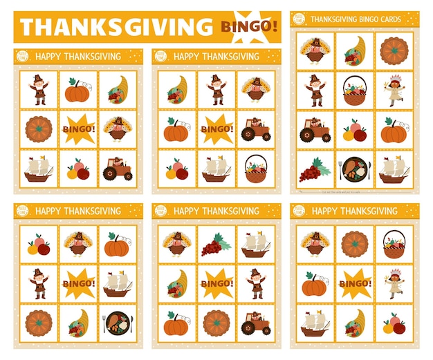 Vector Thanksgiving bingo cards set Fun family lotto board game with cute turkey pumpkin pilgrim for kids Autumn Fall holiday lottery activity Simple educational printable worksheetxA