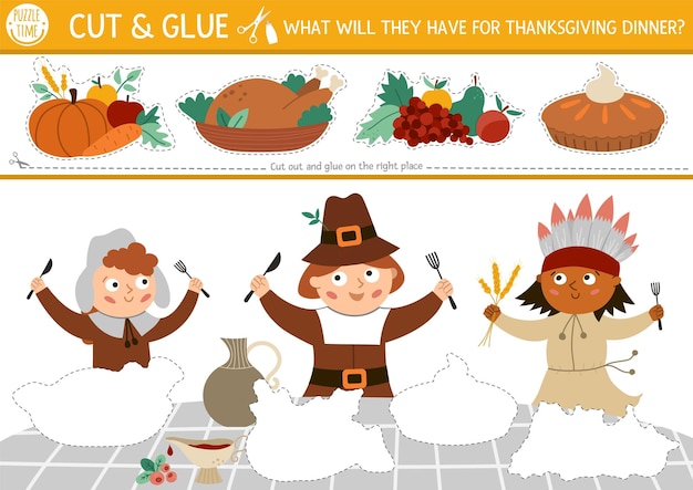 Vector Thanksgiving cut and glue activity Autumn educational crafting game with cute pilgrims native American Indian holiday food Fall printable worksheet for kids What will they have for dinner xA