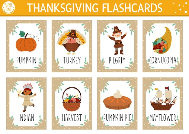 Vector Thanksgiving flash cards set English language game with cute turkey pumpkin pilgrim for kids Autumn Fall holiday flashcards Simple educational printable worksheetxA