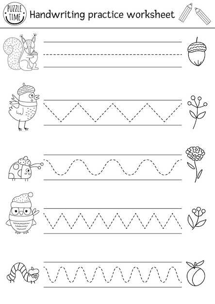 Vector Thanksgiving handwriting practice worksheet Autumn printable black and white activity for preschool children Fall tracing game for writing skills with cute forest animals birds insectsxA