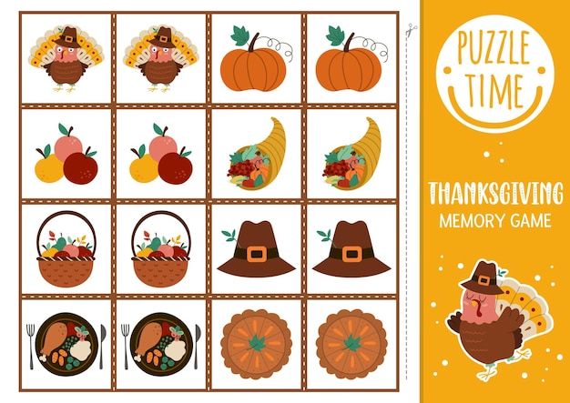 Vector Thanksgiving memory game cards with cute traditional holiday symbols Autumn matching activity Remember and find correct card Simple fall printable worksheet for kids with turkey xA