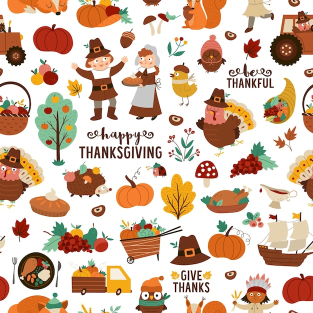 Vector Thanksgiving seamless pattern Autumn repeat background with funny pilgrims native American turkey animals harvest cornucopia pumpkins trees Fall holiday digital paperxA