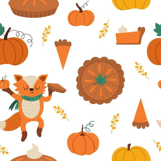 Vector Thanksgiving seamless pattern with traditional pumpkin pie Autumn repeat background with dessert cooks and waiter Cute funny digital paper with fall holiday meal fox and pilgrim wifexA