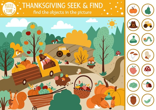 Vector Thanksgiving searching game with cute animals in the farm field Spot hidden objects in the picture Simple seek and find autumn educational printable activity Fall holiday family quizxA