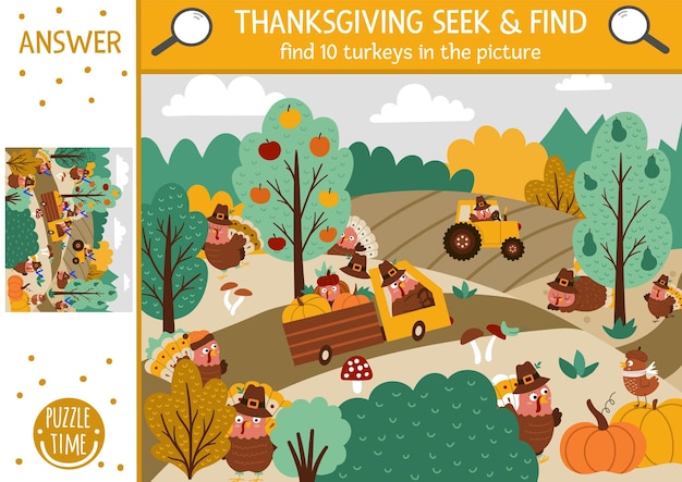 Vector Thanksgiving searching game with cute turkeys in the farm field Spot hidden birds in the picture Simple seek and find autumn educational printable activity Fall holiday family quizxA