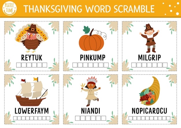 Vector Thanksgiving word scramble activity cards English language game with cute turkey pumpkin pilgrim for kids Autumn Fall holiday family quiz Simple educational printable worksheetxA