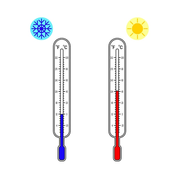 Vector thermometer icon Temperature Temperature Hot heat cold cold frozen Celsius and Fahrenheit