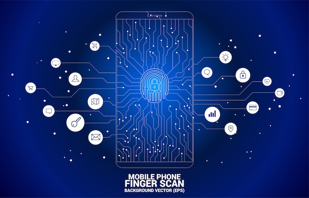 Vector thumbprint and lock pad icon in mobile from dot and line circuit board style. 