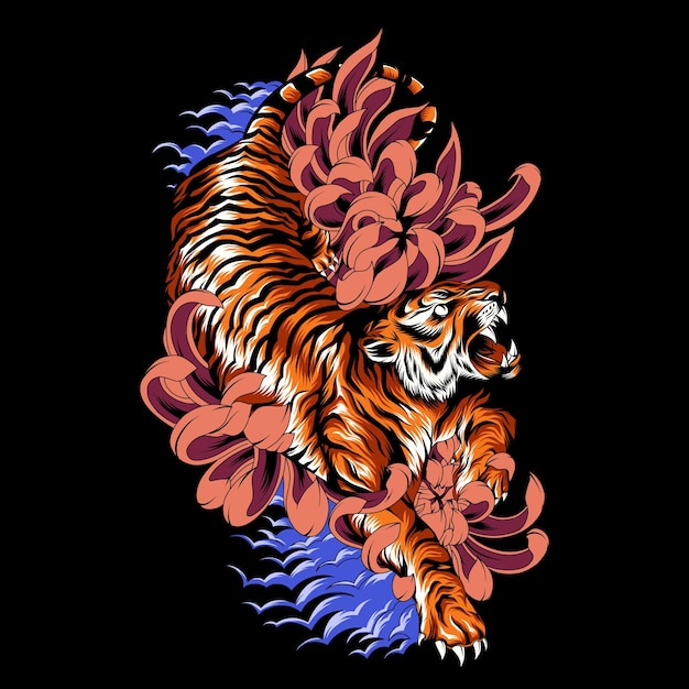 Vector tiger Sakura flowers illustration