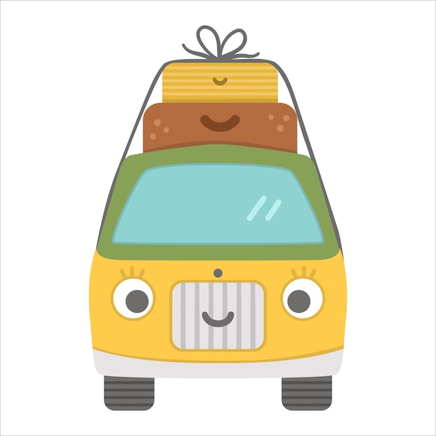 Vector tourist van with suitcases on top Cute kawaii camper with eyes and mouth Camping car illustration Journey vehicle concept Funny truck icon with bagsxA