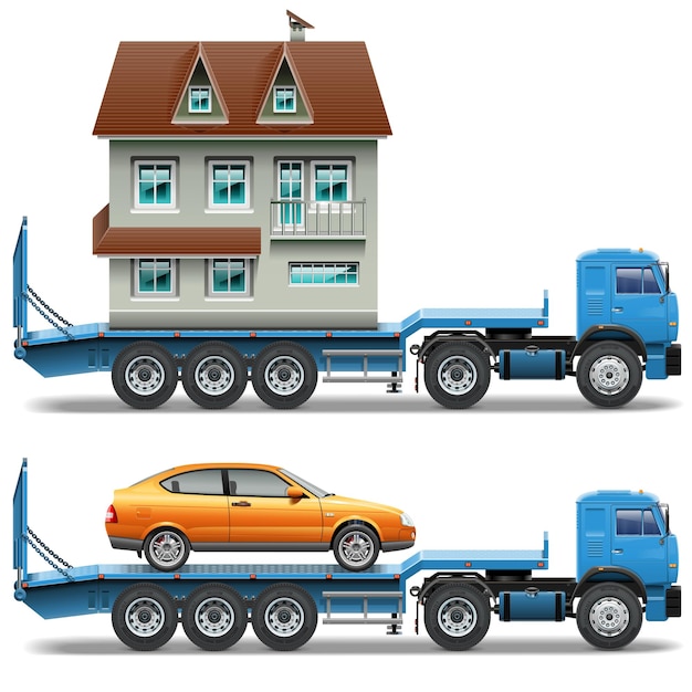 Vector Trailer with House and Car isolated on white background