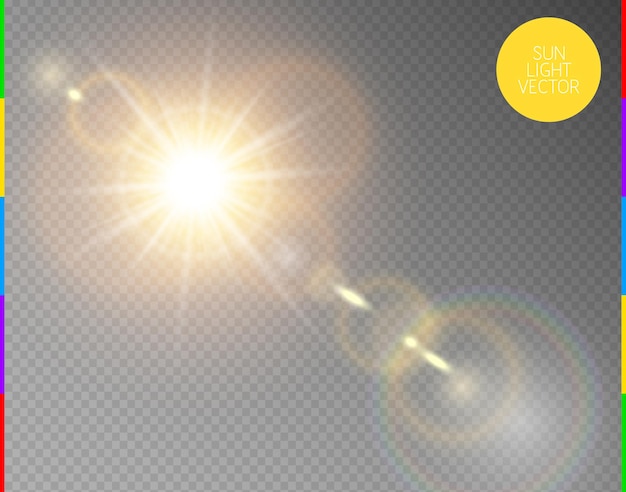 Vector transparent sunlight special lens flare light effect. Isolated sun flash rays and spotlight. Golden front translucent sunlight background. Blur abstract glow glare decor element. Star burst.