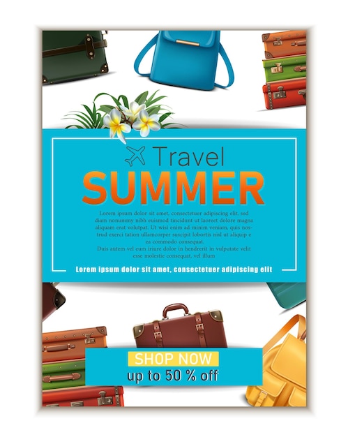 Vector travel banner 3d realistic luggage summer travel tourist concept flyer