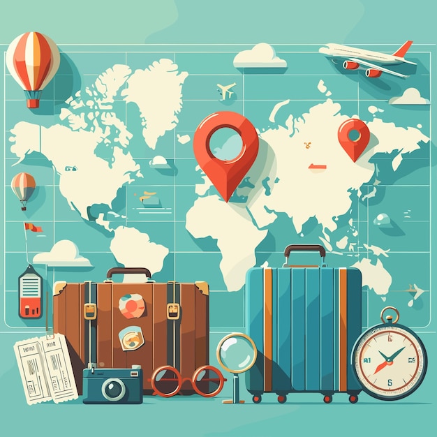 Vector vector travel map and travel items illustration