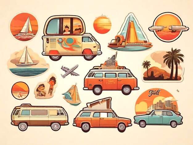 Vector Travel sticker set in 70s style isolated