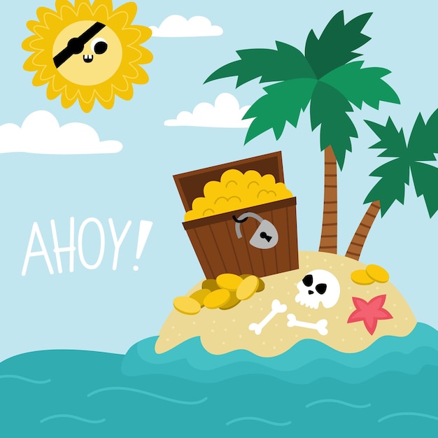 Vector treasure island landscape illustration Pirate party scene with uninhabited isle treasure chest palm trees Cute summer square background Marine picture for kids with ahoy signxA