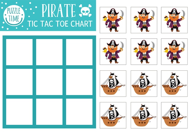 Vector treasure island tic tac toe chart with pirate and ship Sea adventures board game playing field with cute characters Funny marine printable worksheet Noughts and crosses grid xA