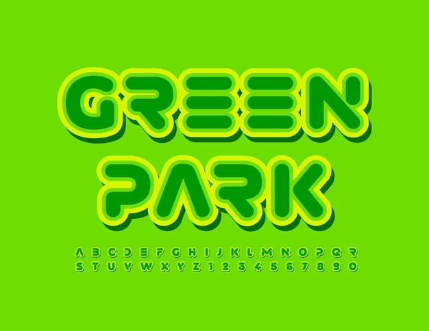 Vector trendy emblem Green Park with Abstract style Font. Unique Alphabet Letters and Numbers set