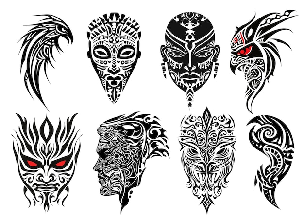 Vector tribal tattoo mask set Highly detailed collection of ethnic style facial expressions