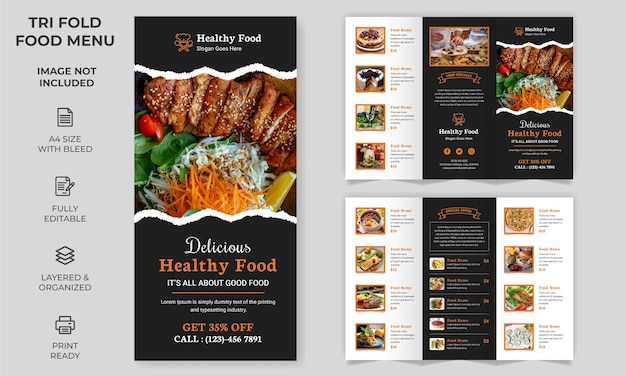 Vector Trifold Food Menu Brochure Template simple style and modern layout