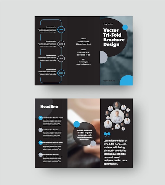 Vector trifold template with blue, gray round design elements on black background, creative brochure with realistic shadows for business. Leflet layout, corporate brochure. Open standard set of covers