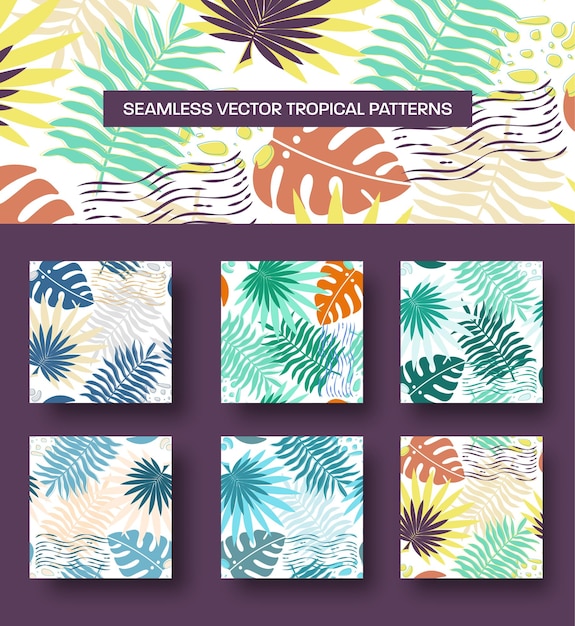 Vector tropical background with monstera leaves palm trees twigs seamless pattern with creative presentation