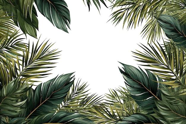 Vector tropical jungle frame with palm trees flowers and leaves on white background for weddingquo