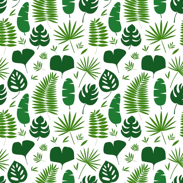 Vector tropical and jungle leaves seamless pattern Flat different leaves pattern Monstera banana palm leaf fan palm leaf and ginkgo biloba