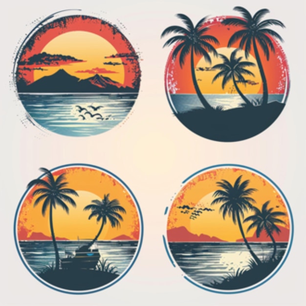 Vector tropical palm tree landscape travel logo flat set sunrise sunset island emblem tourism firm s