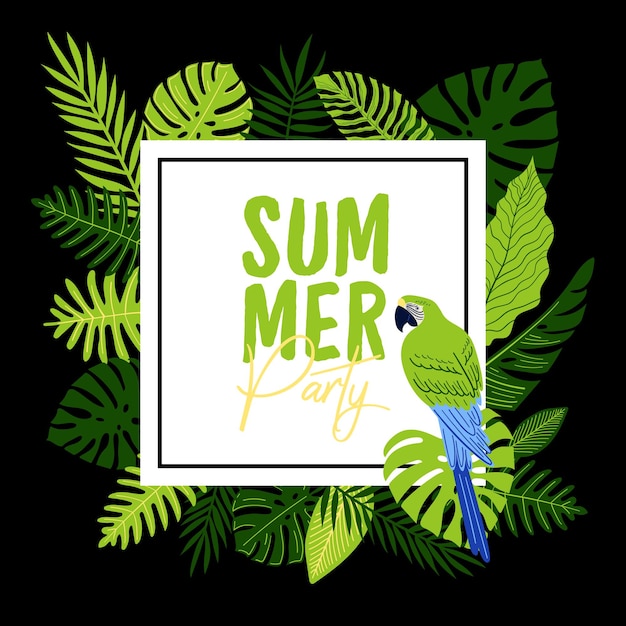 Vector tropical party flyer with monster leaves, palm,  fern and Green macaw. Summer illustration