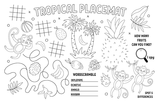 Vector tropical placemat for kids Exotic summer printable activity mat with difference searching dottodot maze Black and white play mat or coloring page with cute jungle animals monkey banana xA