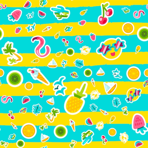 Vector Tropical Summer Seamless Pattern in doodle style with shape. Fruits and berries. Girl fashion sweet ornament design. Nice cartoon background. Fun wrap