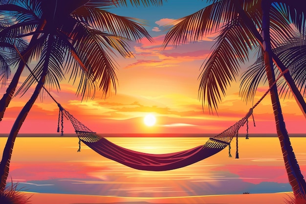 Vector vector of tropical sunset with palm trees and hammock