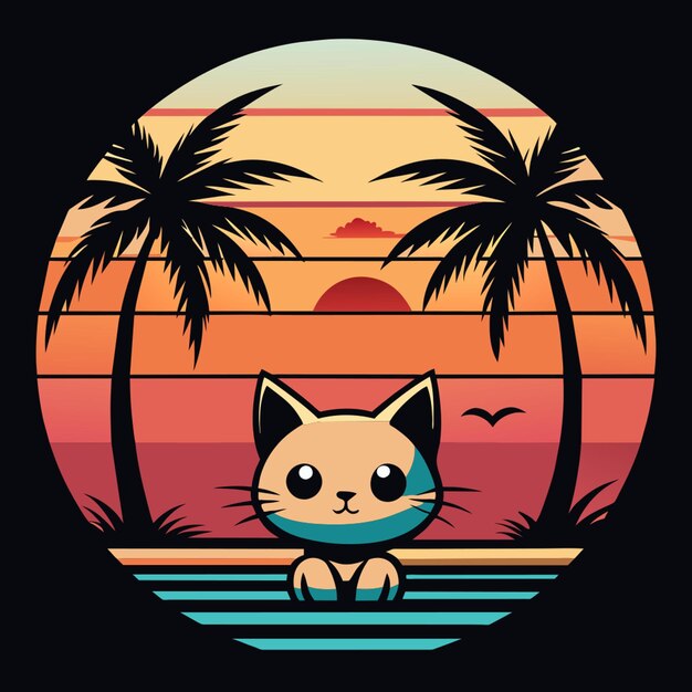 Vector vector tshirt design vector art with black outlines a cute cat with palm trees and a sunset