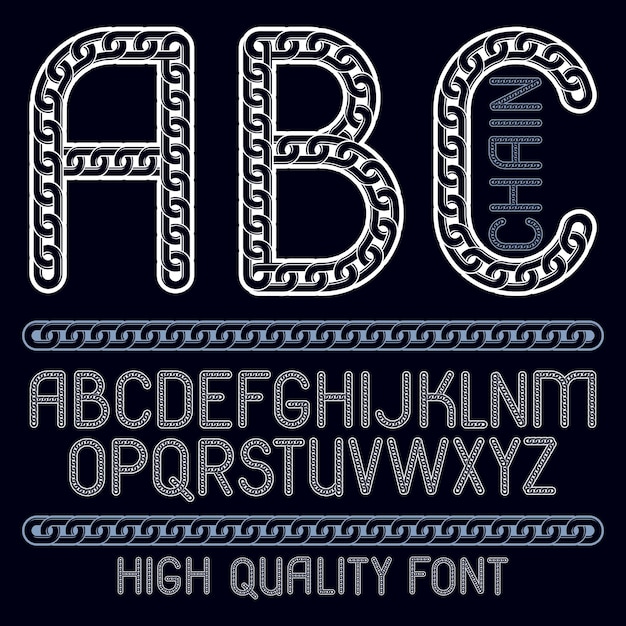 Vector type font, script from a to z. Capital decorative letters, abc created using chrome chain, linkage