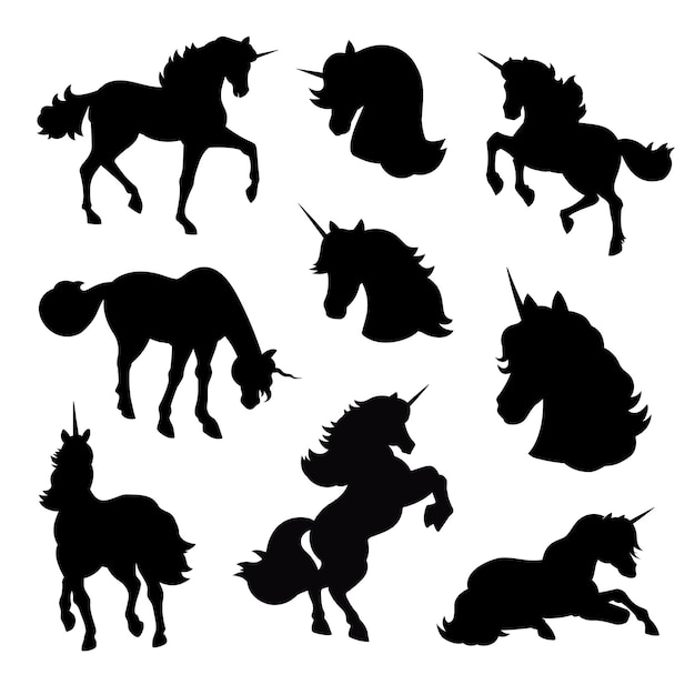 Vector unicorn silhouette. Unicorn silhouette isolated on white. Unicorn head, prancing unicorn.