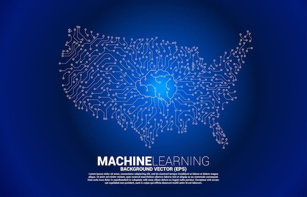 Vector United States map from circuit board dot connect with brain center. Concept for America digital network connection.