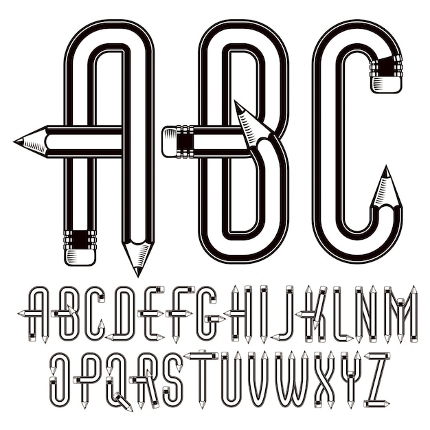 Vector upper case English alphabet letters collection constructed with sharp pencils, office tools design. Can be used in poster design as magazine advertising.