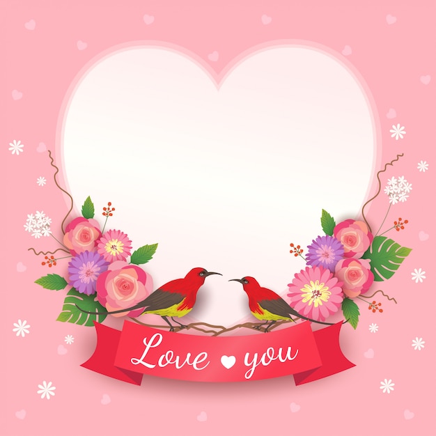 Vector of Valentine's card with bouquet flowers and lover birds on heart frame.