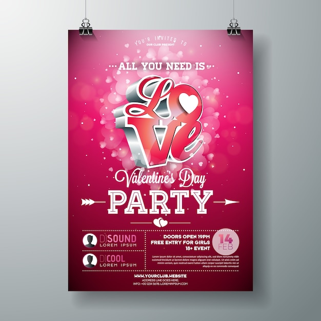 Vector Valentines Day Party Flyer Design with Typography and Hearth on Red Background.