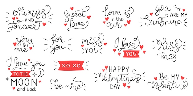 Vector valentines day set of handwritten lettering phrases Collection of black love text with red hearts Romantic quotes for greeting cards or banners