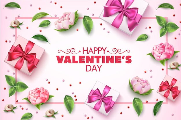 Vector Valentines day template with elegant rose flowers present boxes with candy