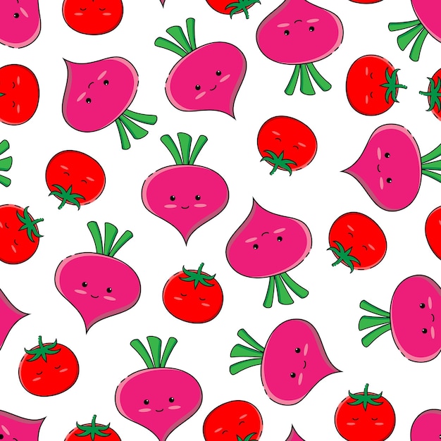 Vector vegan seamless pattern Cute modern image of pink radish and red tomato on a white background Cute pattern for packaging paper design