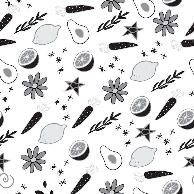 Vector vegetables, fruits, flowers, stars and decorative elements black and white seamless pattern