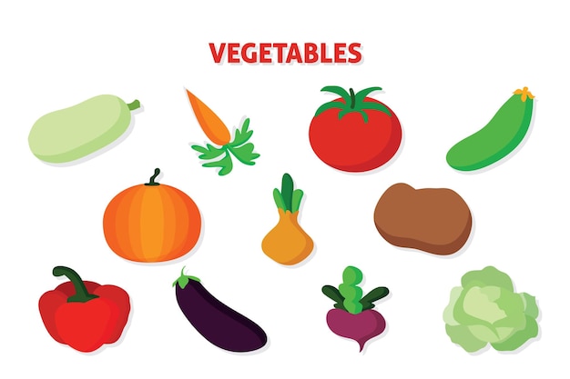 Vector vegetables icons set in cartoon style Collection farm product for restaurant menu