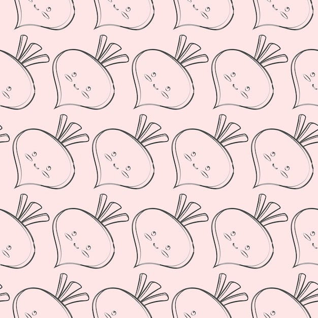 Vector vegetarian seamless pattern in a modern linear style The gray outline of a radish on a light pink background Cute pattern for packaging paper design