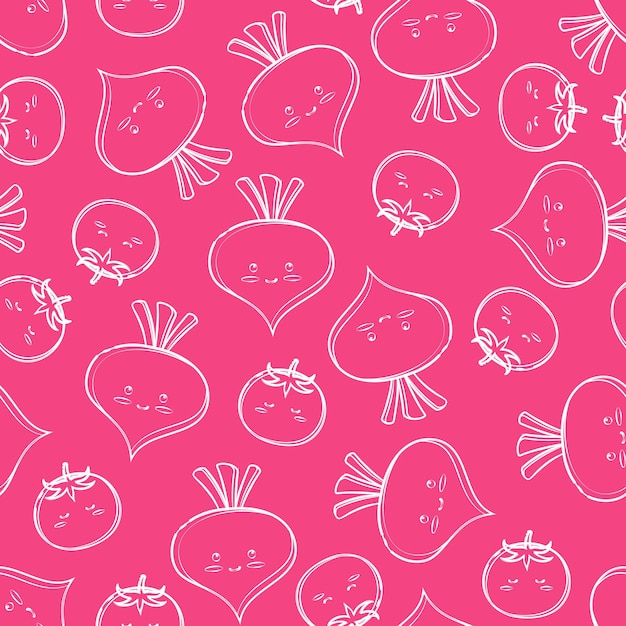 Vector vegetarian seamless pattern in a modern linear style The white outline of a radish on a bright pink background Cute pattern for packaging paper design